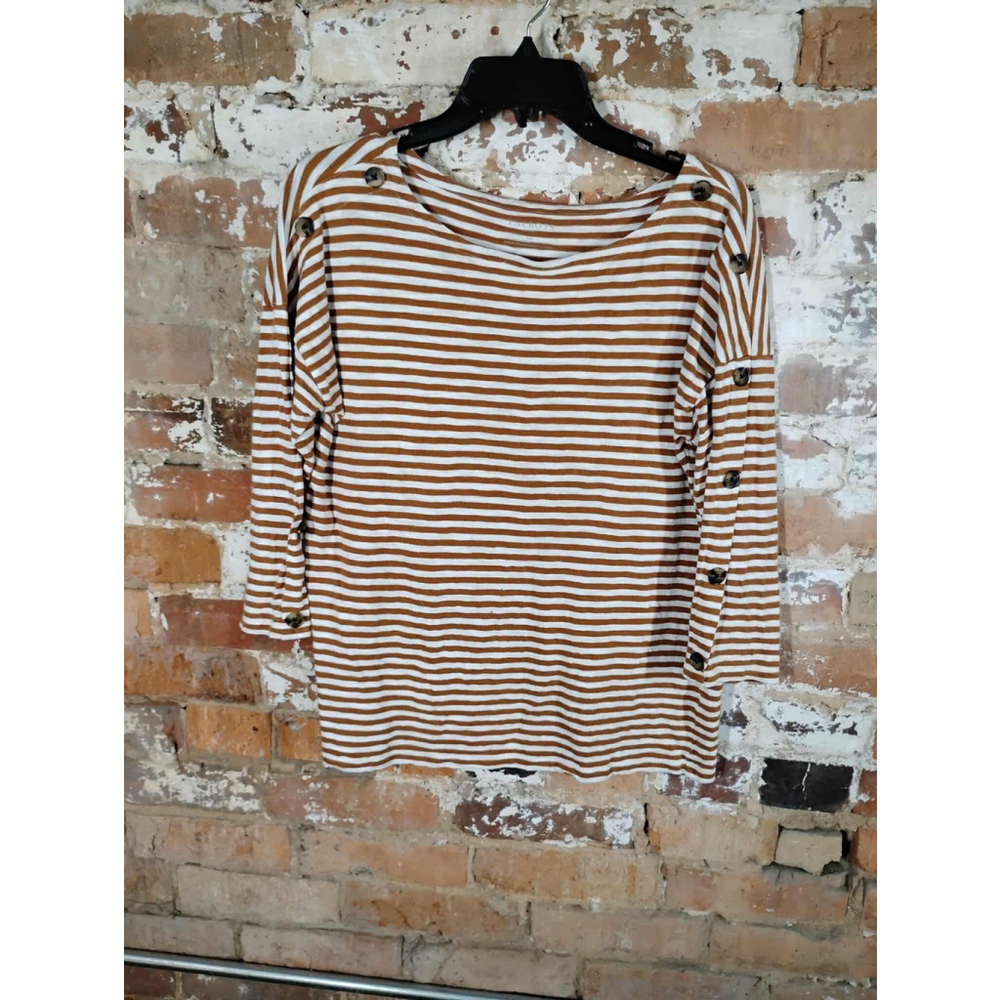Talbots Womens Top Breton Bateau Kalahari Stripe Buttons Bown White Size LP